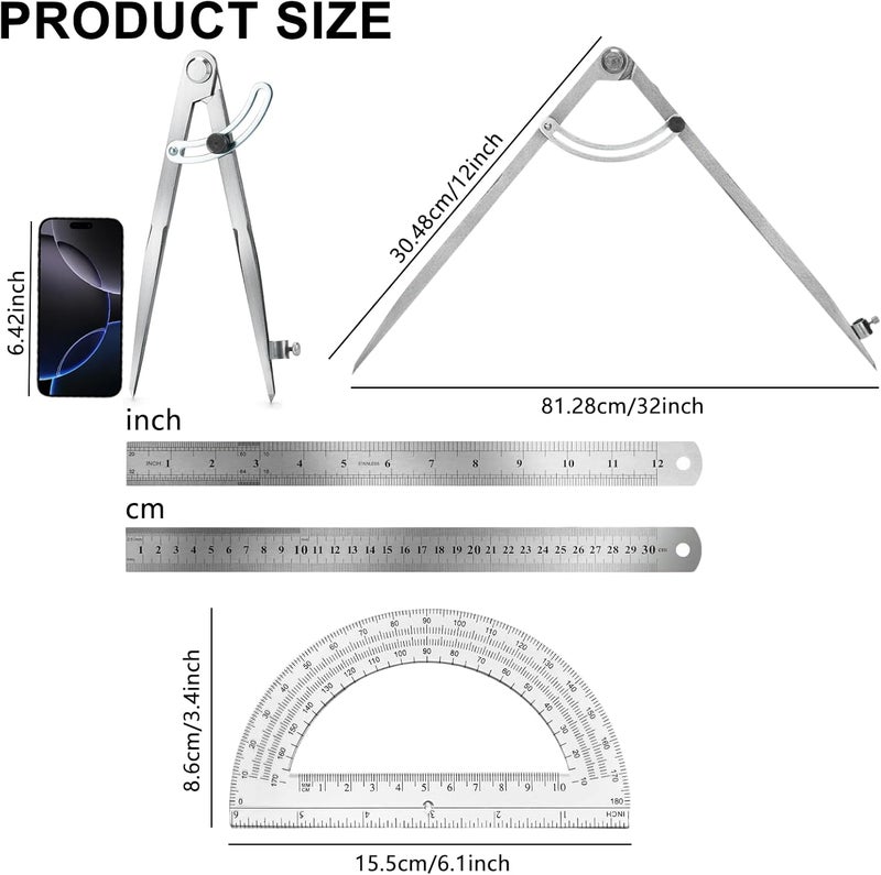 MVPower Compass Geometry Tool, Drawing Compass, Professional 12 Inch Large Compass with Wing for Woodworking, 6 Inch Protractor, 12 Inch Ruler for Carpenter, Drafting - Image 2